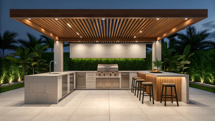 Modern outdoor kitchen design featuring luxurious island barbecue grill area at night
