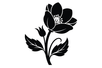 Bold monochrome flower features blossoming petals, leaves, stem, and small bud extending upward
