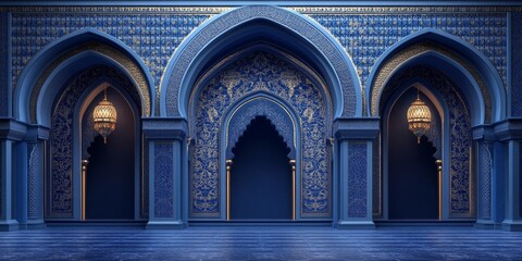Obraz premium A blue archway with a golden lamp hanging from it