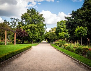 Serene Pathway in Lush Green Park Under Bright Blue Sky