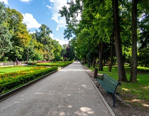 Serene Urban Park Pathway Surrounded by Lush Greenery and Flowers