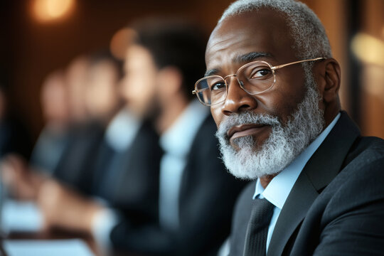 Portrait of a confident senior businessman with gray hair and beard, with blurred colleagues in the background during a business meeting
