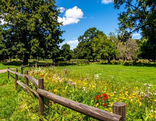 Beautiful Meadow with Colorful Flowers and Wooden Fence in Nature