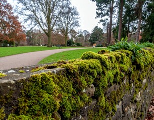Moss-Covered Stone Wall in a Serene Park Landscape