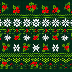 Nordic knit pattern with festive holly and snowflakes.