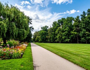 Lush Green Pathway Through Vibrant Floral Garden Under Blue Sky