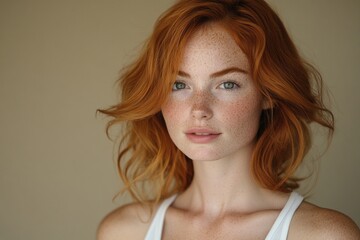 Naklejka premium A woman with red hair and freckles is standing in front of a white wall