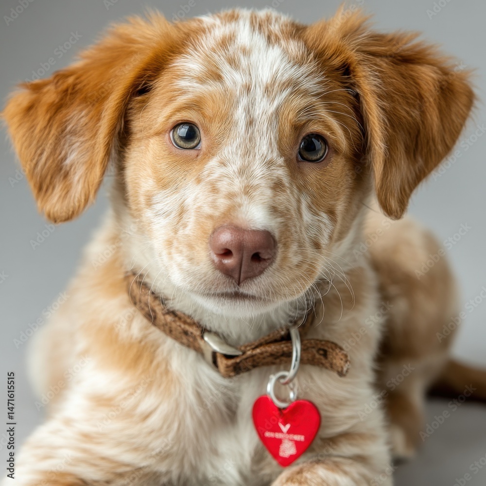 Poster adorable red and white puppy with brown leather collar and red heart tag, lying down and looking dir