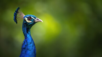 Naklejka premium A peacock with vibrant blue feathers standing in front of green foliage.