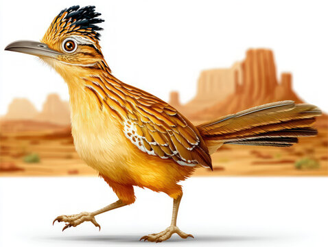 Cartoon or realistic scene of a roadrunner swiftly running through desert terrain
