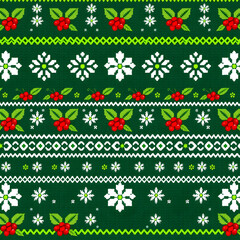 Nordic knit pattern with festive holly and snowflakes.