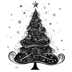 christmas tree silhouette black , black and white illustration isolated on white background