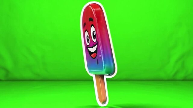 Colorful Cartoon Ice Cream Pop Character with Smiling Face Against Vibrant Green Background