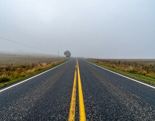 Serene Empty Road Surrounded by Fog in Rural Landscape