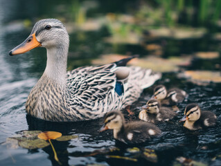 Fototapeta premium duck family on a lake