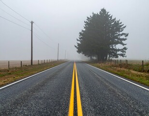 Fototapeta premium Misty Road Through Fog with Trees in Sparse Landscape View