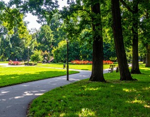 Serene Park Path with Lush Green Trees and Colorful Flower Beds