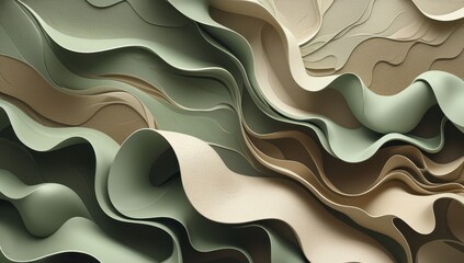 Obraz premium A stunning abstract design featuring layered curves in soft greens and beiges. The smooth textures and flowing shapes create a serene visual effect, perfect for contemporary design