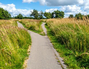 Scenic Pathway Merging Through Lush Green Grass and Blue Sky
