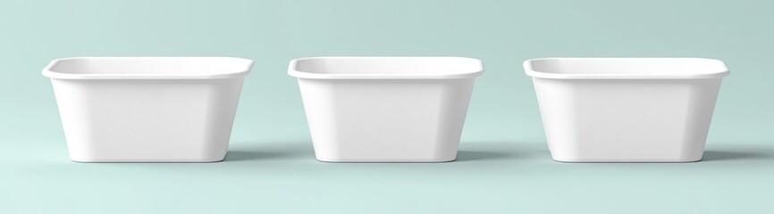 Three white plastic containers with a white rim