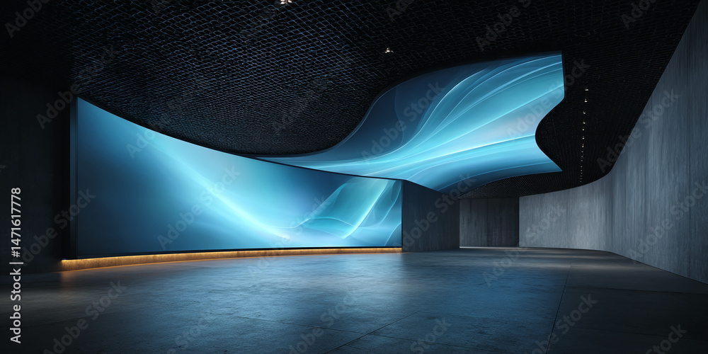 Poster curved blue screen display in modern interior, showcasing abstract design, creating a futuristic and