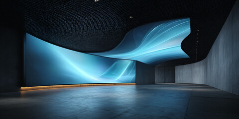 Curved blue screen display in modern interior, showcasing abstract design, creating a futuristic and sleek ambiance suitable for technology or presentation concepts