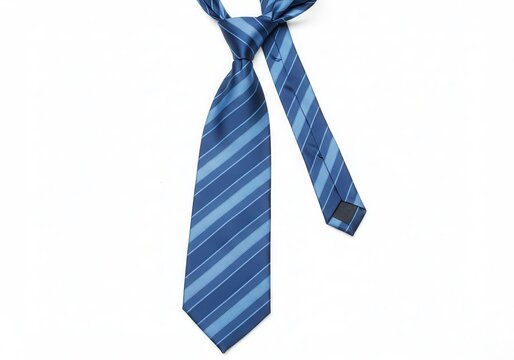 Blue striped tie on a white background, knotted and ready to wear