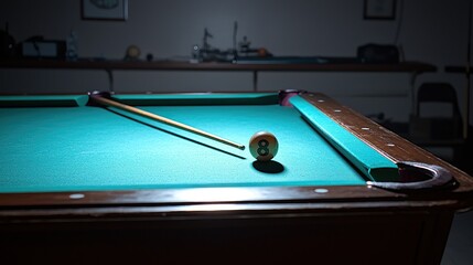 Close-up of a pool table with a cue and eight ball.