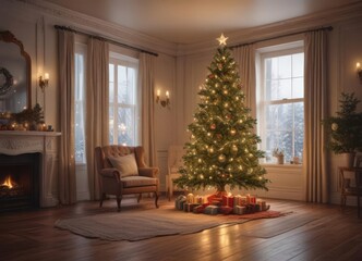 Ornate Christmas tree, glowing lights, cozy room,  fire,  sparkle