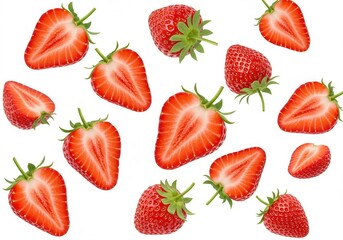Scattered strawberries and strawberry halves on a white background