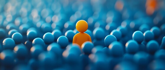 A person is standing out in a crowd of blue spheres