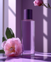 Luxury Purple Perfume Bottle with Delicate Pink Peony Flower in Soft Window Light, Elegant Beauty Product Photography with Violet Shadows and Minimalist Style for Cosmetic Branding