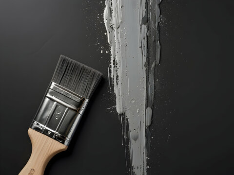 Paintbrushes are painting grey black stripes splashes and smears of paint, creating a vibrant contrast and showcasing a creative painting process