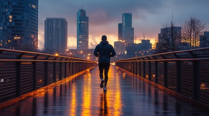 Runner Jogging on Illuminated City Bridge at Dawn with Urban Skyline and Modern High-Rise Buildings, Inspirational Morning Workout Scene, Fitness, Motivation and Healthy Lifestyle Background Image