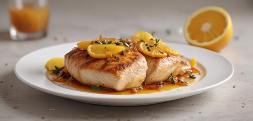 Perfectly roasted chicken breast with vibrant citrus glaze, presented elegantly on a white plate ,  dinner,  appetizing,  protein