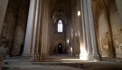 Obraz premium Sunlit Interior of a Ruined Stone Church