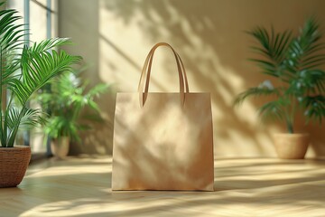 Eco-Friendly Blank Kraft Paper Shopping Bag on Wooden Floor Surrounded by Green Plants in Bright Natural Sunlight, Sustainable Lifestyle, Branding, Zero Waste and Eco-Consciousness Concept Image