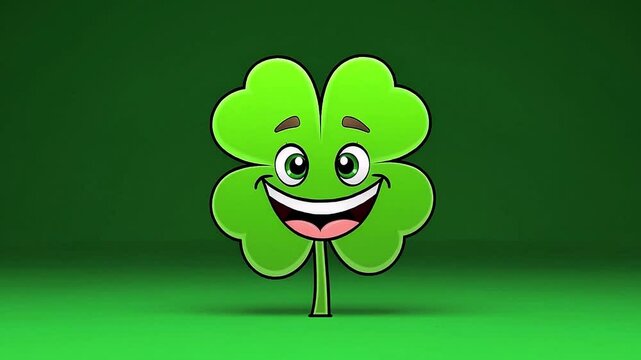 Happy Cartoon Four Leaf Clover Character with Bright Green Background
