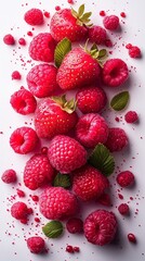 Fresh Juicy Strawberries and Raspberries with Green Leaves on Light Background, Vibrant Summer Fruit Composition, Healthy Organic Dessert Concept, Natural Vitamins and Antioxidant Rich Snack Idea