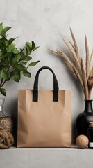 Brown Eco Paper Bag with Black Textile Handles on Minimalist Shelf Decorated with Natural Greenery and Dried Plants in Stylish Interior, Recyclable Packaging Mockup for Branding, Sustainable Product