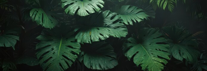 Fototapeta premium Deep green, exotic leaf layers forming a shadowy, mysterious tropical design , wallpaper, overlap, elegant