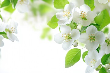 White Apple Blossoms with Fresh Green Leaves on Soft Blurred Background, Bright Spring Floral Banner with Copy Space for Seasonal Greeting Cards, Nature-Themed Designs and Elegant Botanical Templates