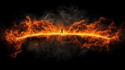 Silhouette of Person Walking on Fiery Flame Trail with Dramatic Background of Dark Smoke and Bright Orange Flames