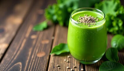Close up of green smoothie with chia seeds and kale on wooden table, vibrant, homemade, blend