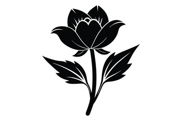 Black flower with leaves on a stem presented as an elegant monochrome vector