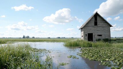 Old Wooden Barn in Wetland Landscape under Cloudy Sky barn wetland landscape old wooden sky swamp