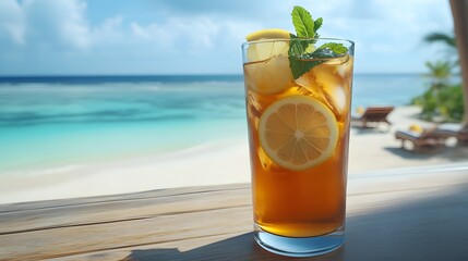 Tall glass of iced lemon tea with lemon slices and mint by the beach.

