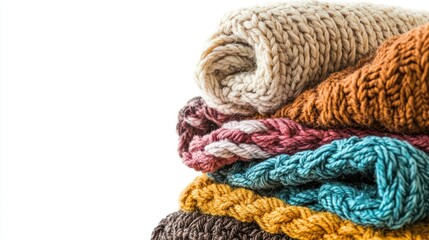 Hand-knitted textiles isolated on white background