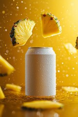 Refreshing blank drink can with water droplets, flying pineapple slices in splash motion on bright yellow background, tropical citrus beverage concept with vivid summer fruit and vibrant composition