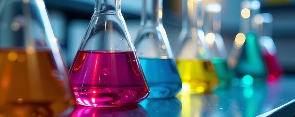 Close-up of laboratory glassware filled with colorful chemicals on a lab bench, equipment, research, beakers
